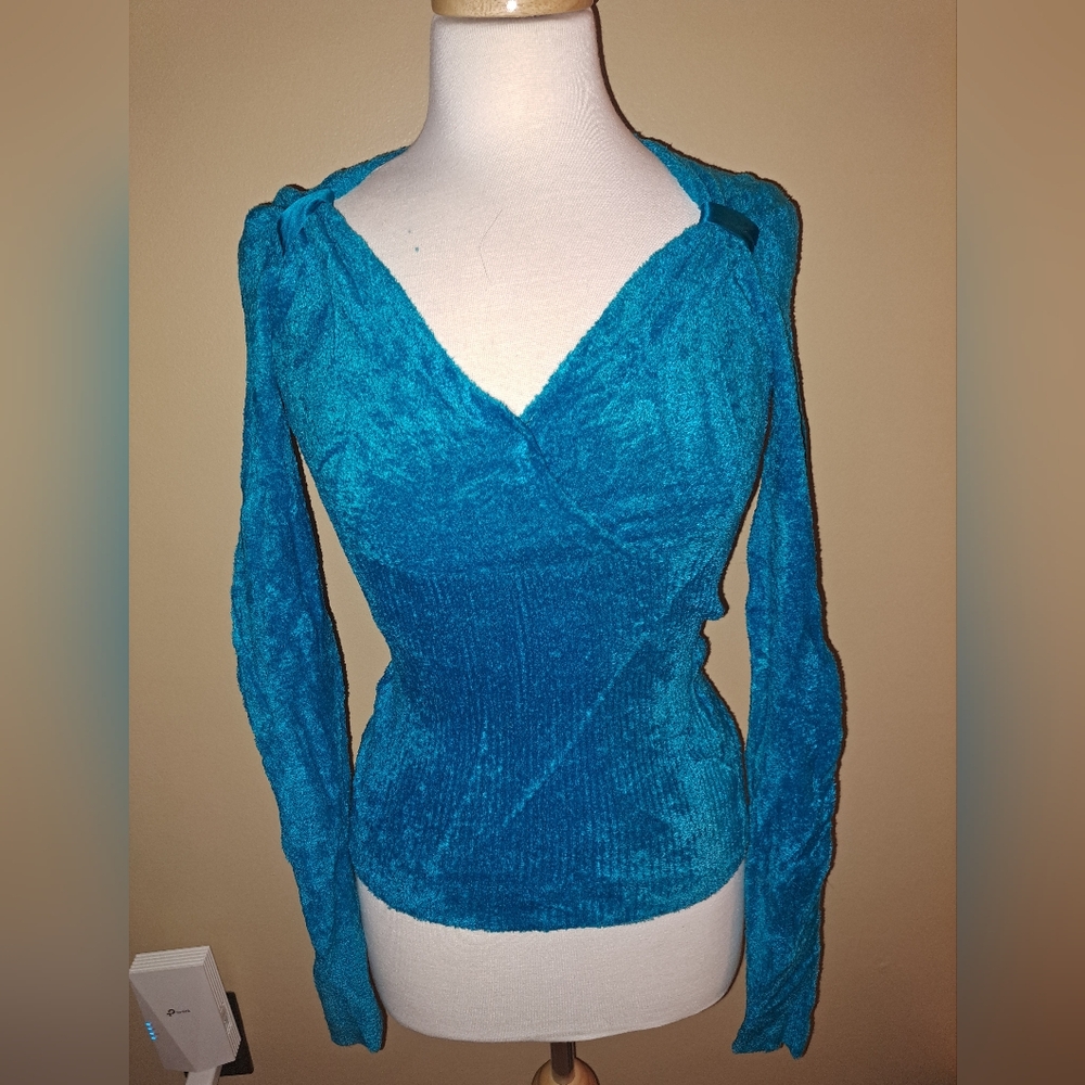 Cache` Teal Long Sleeve Wrap Top XS